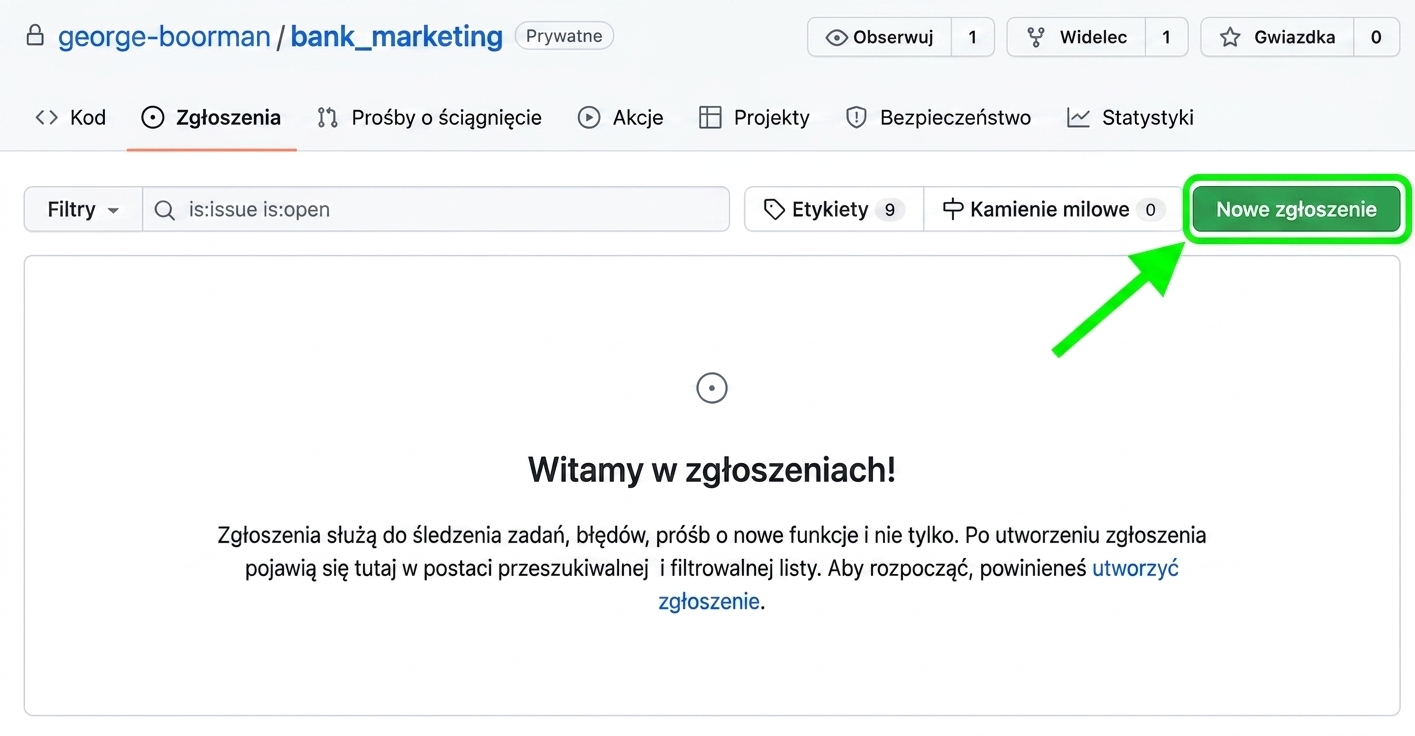 Widok strony problemów z wyróżnionym przyciskiem New issue