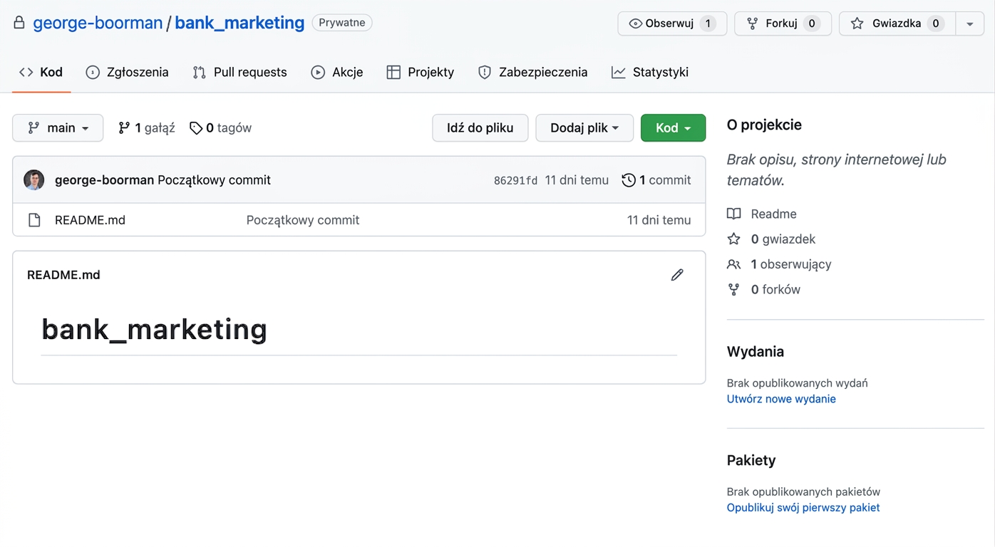 Zrzut ekranu głównego widoku prywatnego repozytorium bank marketing należącego do George'a Boormana z wyróżnioną zakładką Issues