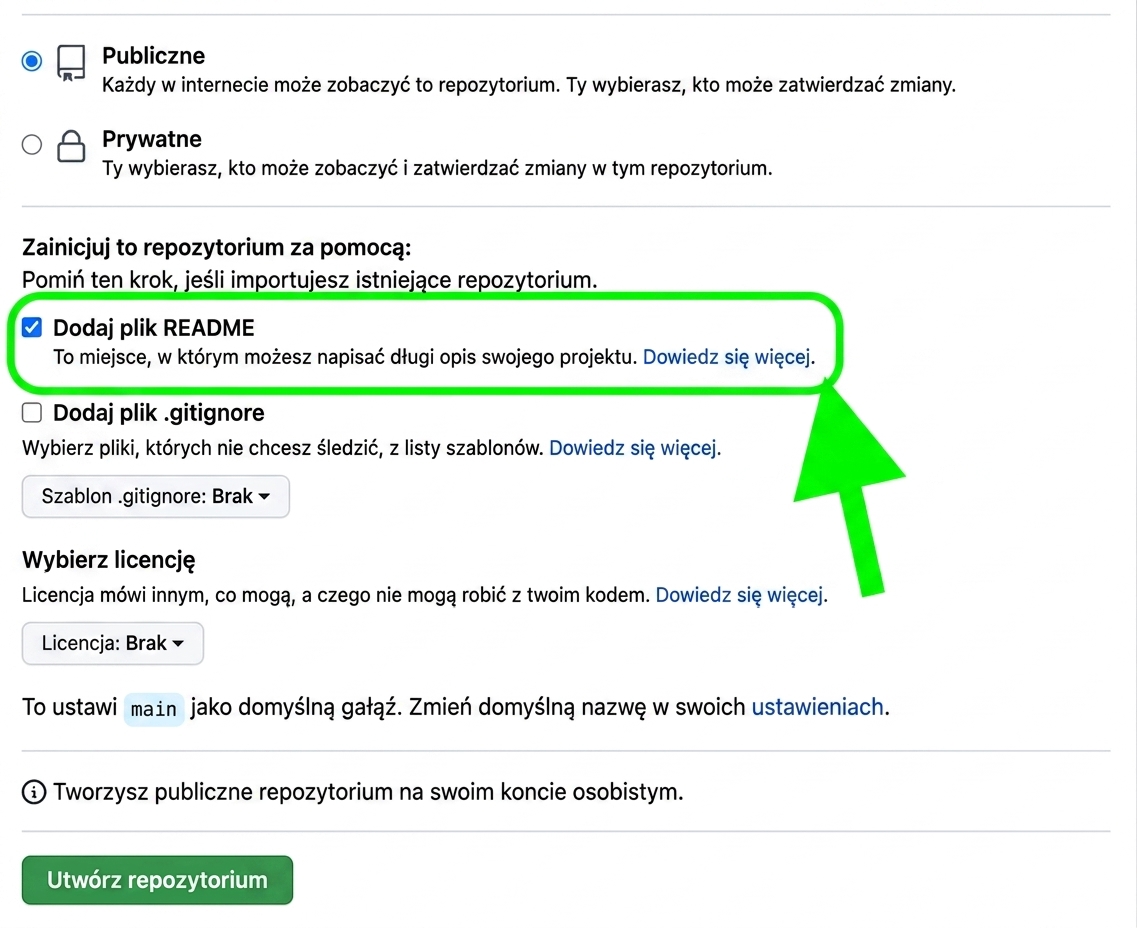 Widok strony tworzenia nowego repozytorium z zaznaczoną i wyróżnioną opcją dodania pliku README