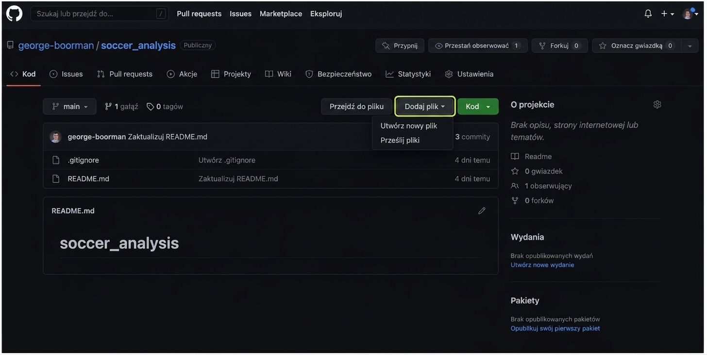 Sekcja kodu repozytorium GitHub z wyróżnionym przyciskiem Dodaj plik