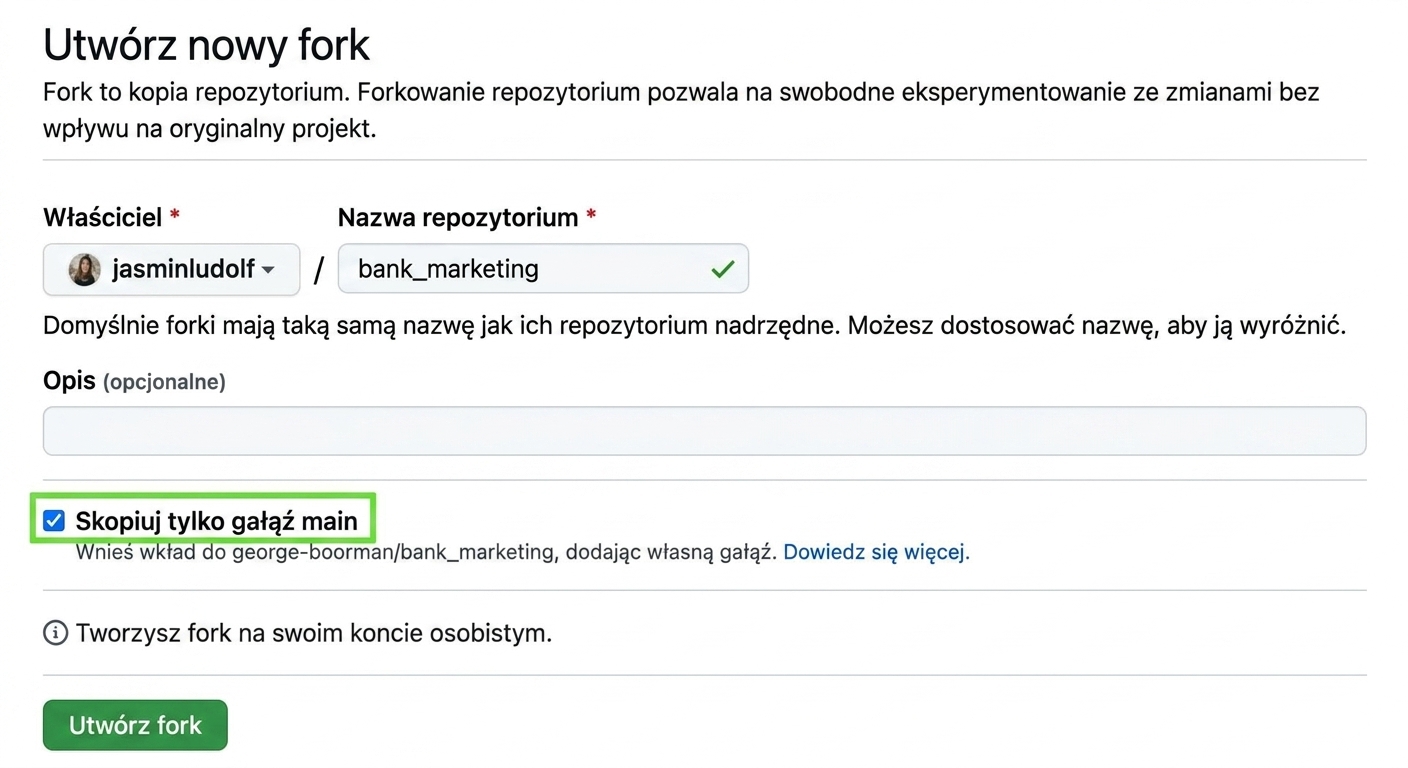 Widok strony tworzenia nowego forka z wyróżnioną sekcją gałęzi