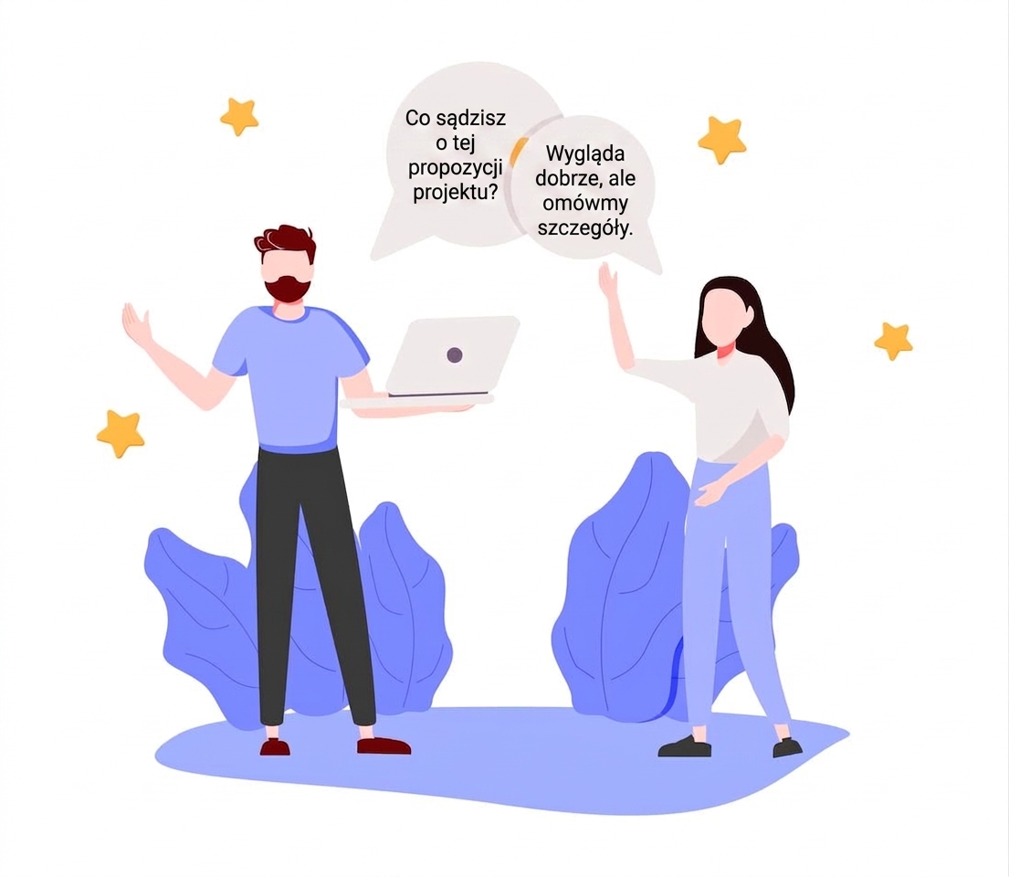 Ilustracja przedstawiająca dwoje współpracowników rozmawiających ze sobą; widoczne są dwa dymki, jedna osoba trzyma laptopa.
