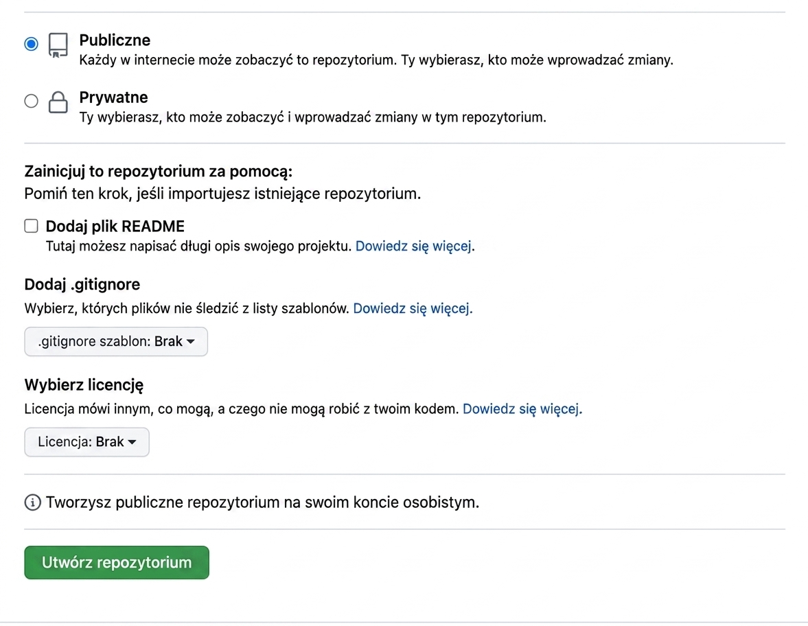 Widok strony tworzenia nowego repozytorium na GitHub
