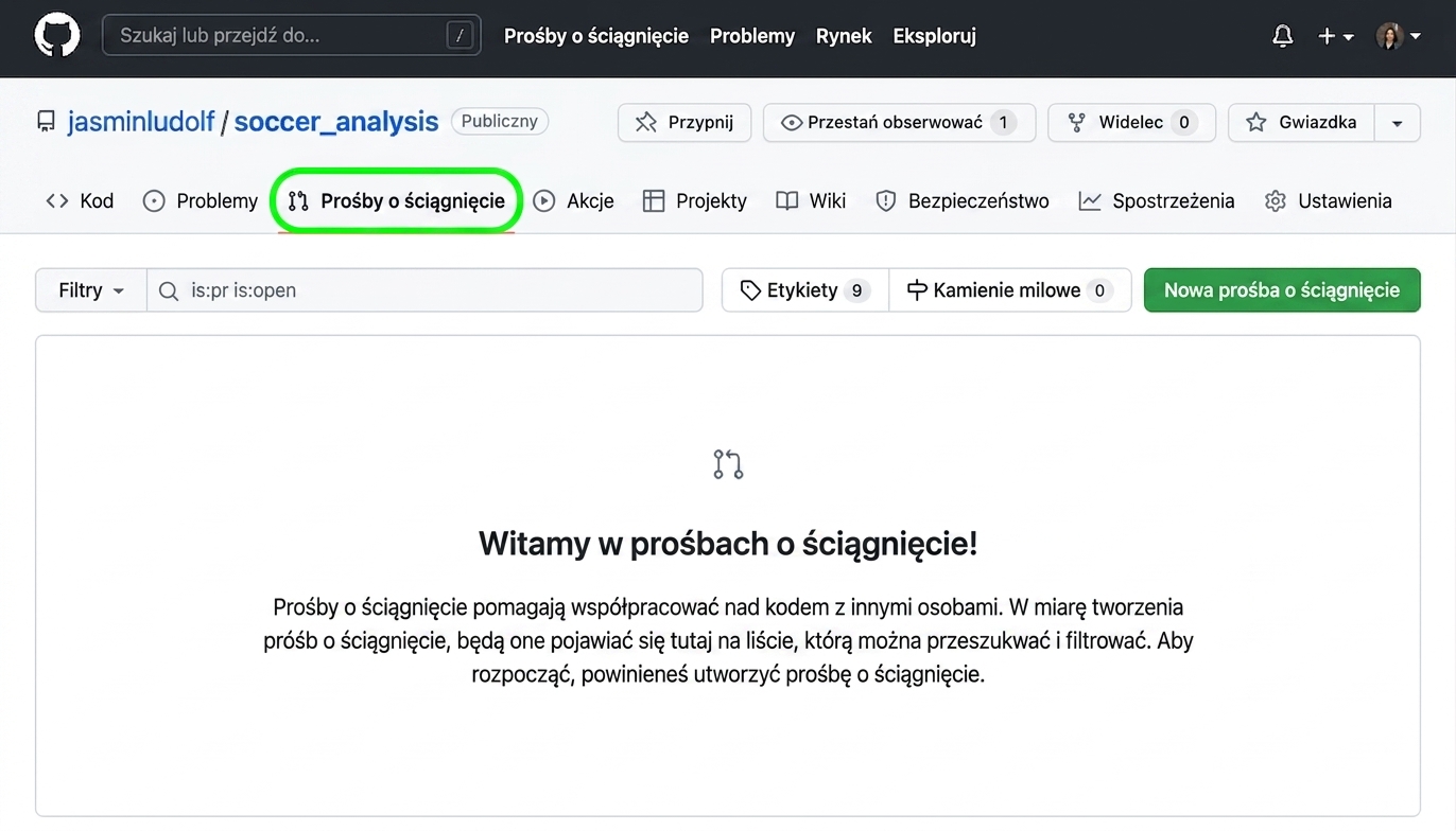 Widok repozytorium analizy piłkarskiej z wyróżnioną zakładką Pull Requests