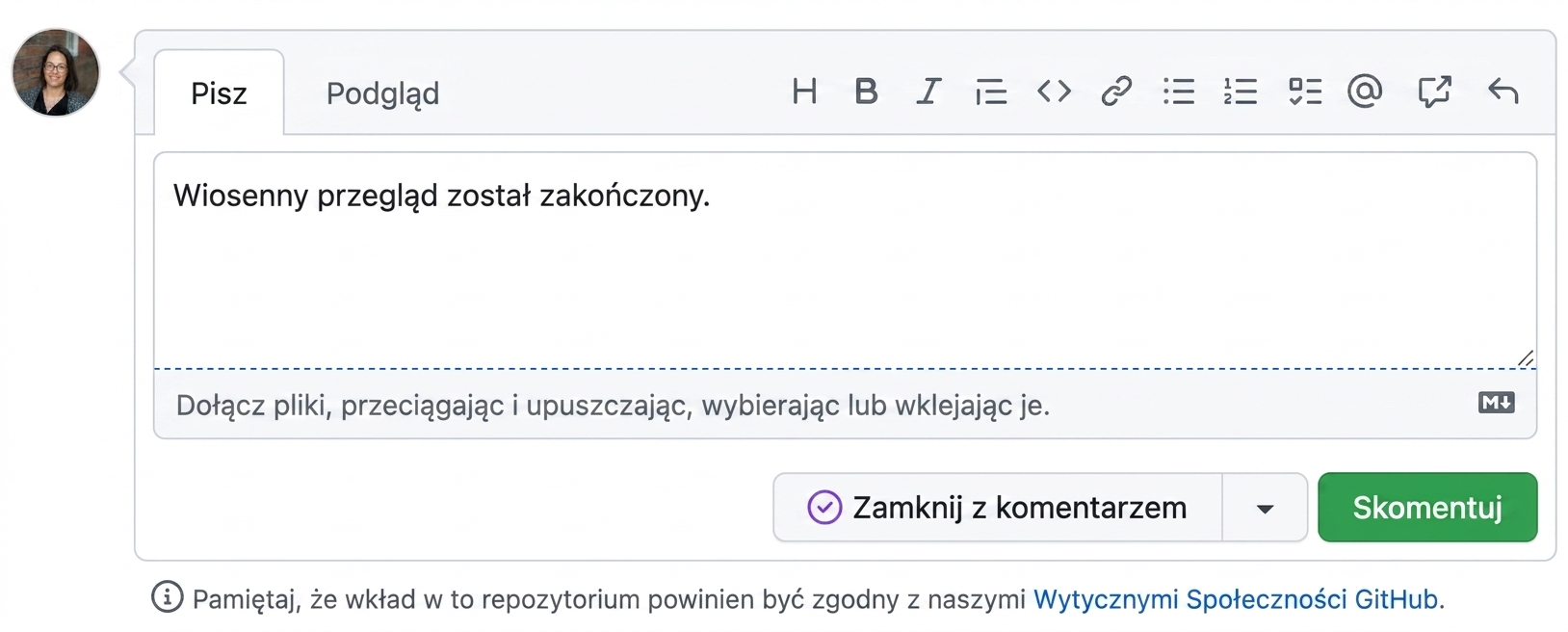 Widok komentarza zamykającego