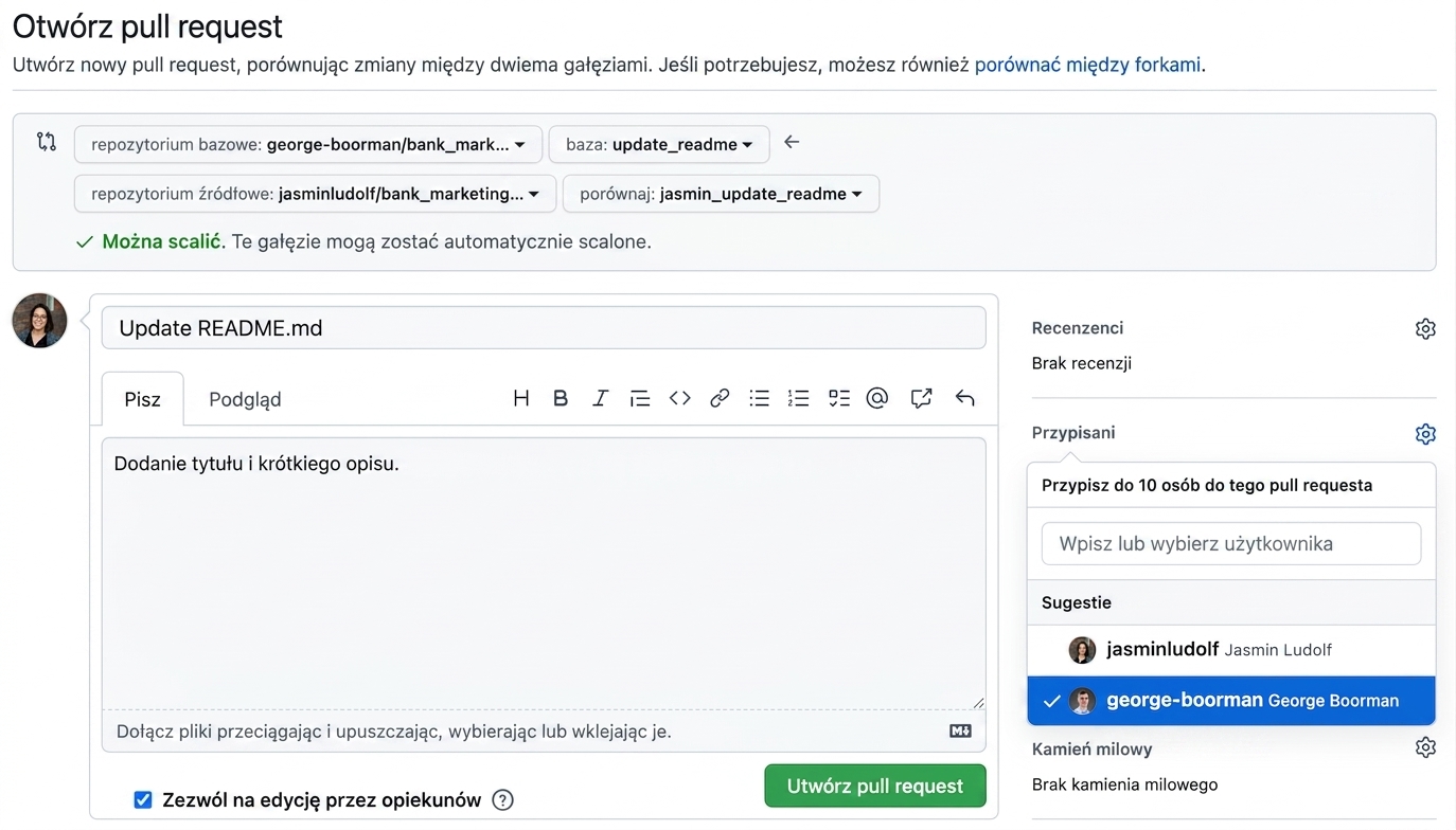 Widok przypisywania pull requesta