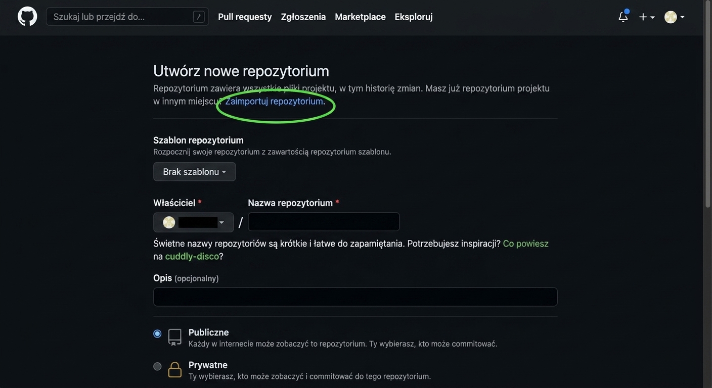 Widok strony tworzenia nowego repozytorium na GitHub z wyróżnioną opcją importu