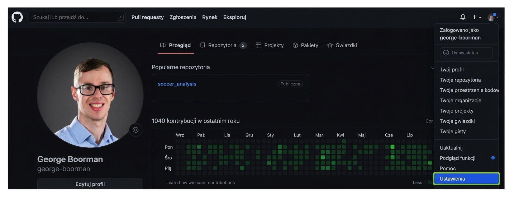 Sekcja ustawień dostępna z poziomu strony profilu