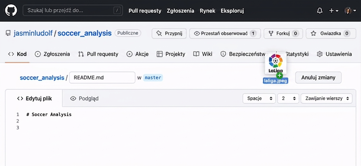Animowany widok przeciągania obrazu do pliku Markdown i automatycznego renderowania składni przez GitHub