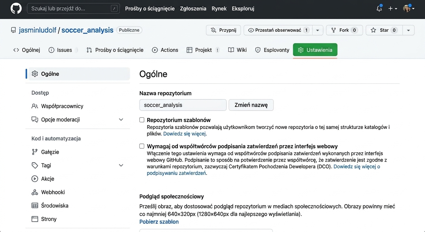 Widok repozytorium analizy piłkarskiej z wyróżnioną zakładką Settings