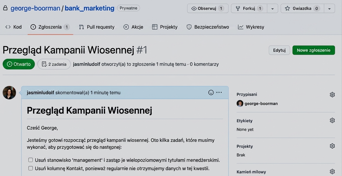 Widok przesłanego problemu z przypisanym użytkownikiem