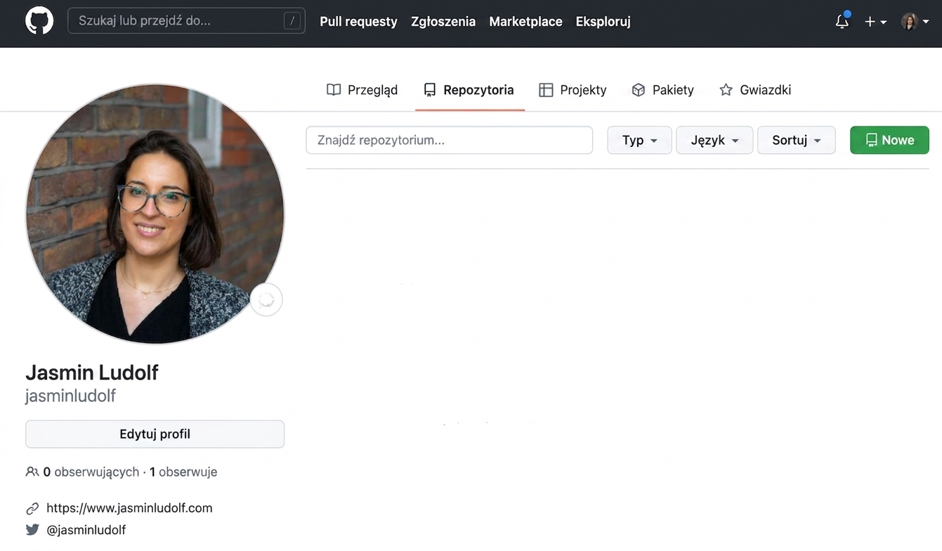 Widok profilu GitHub z zakładką repozytoriów.