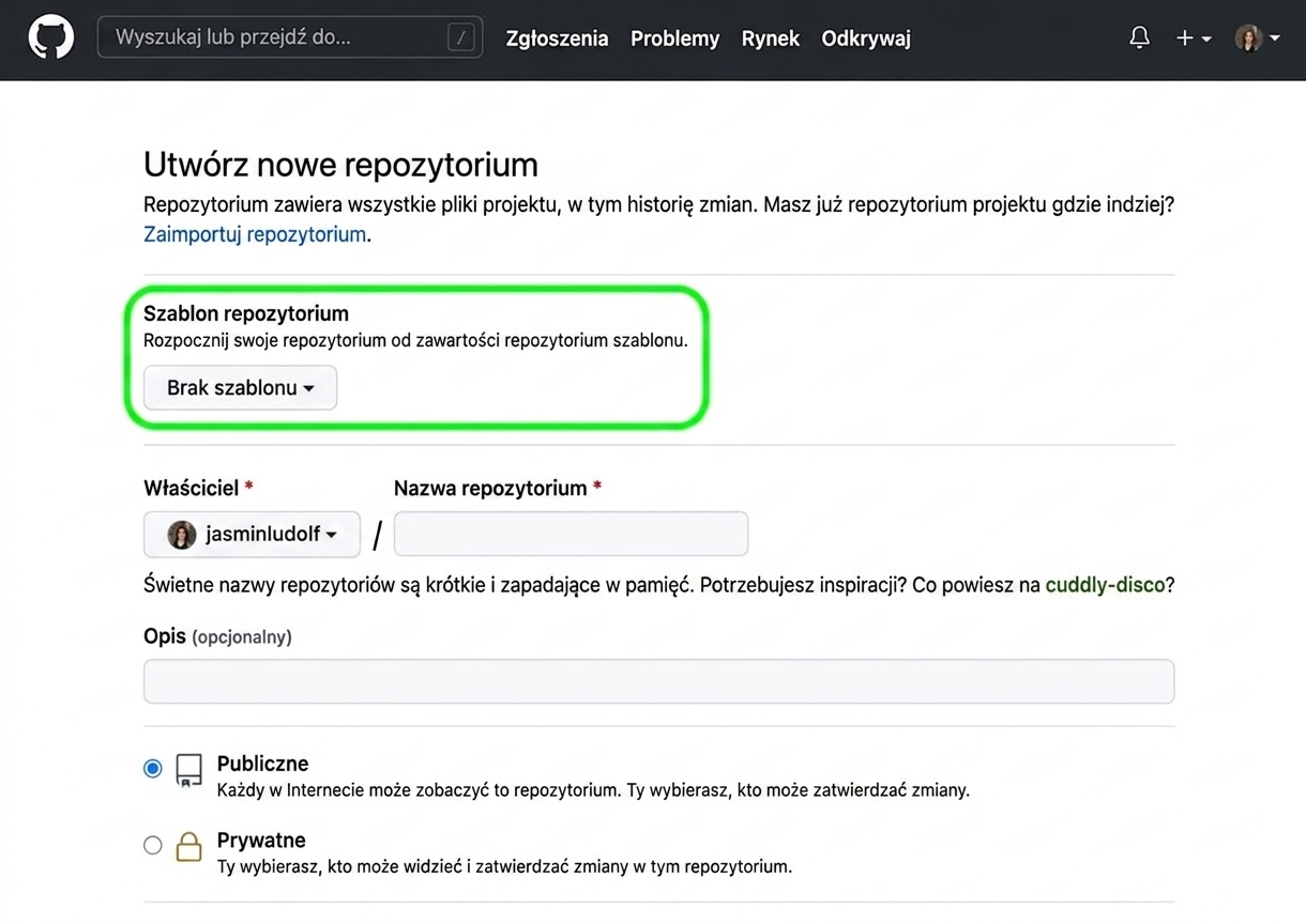 Widok strony tworzenia nowego repozytorium na GitHub z wyróżnioną opcją szablonu