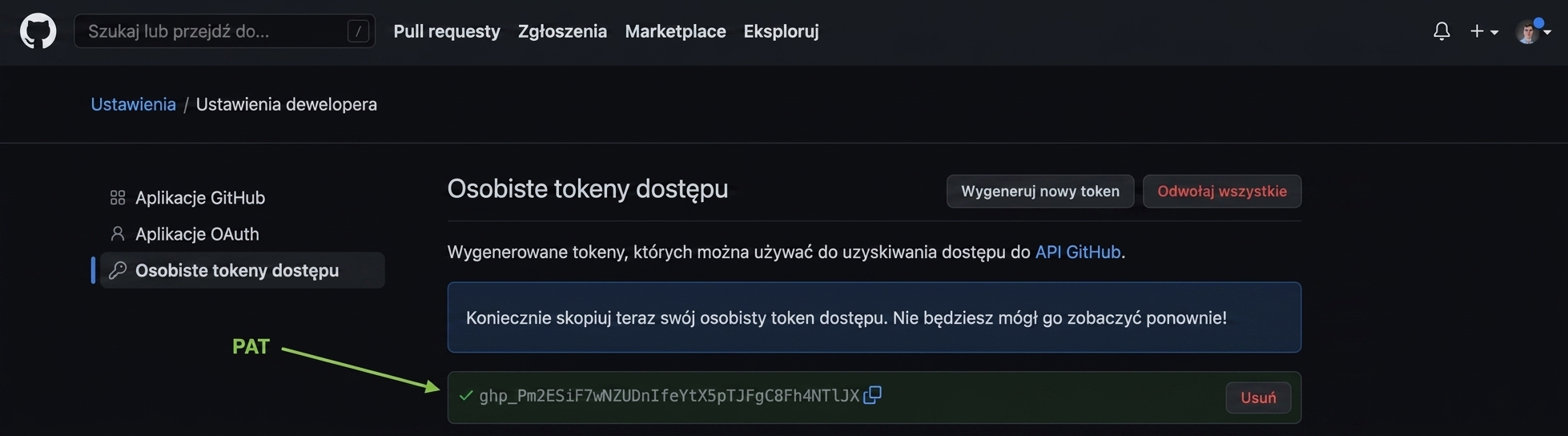PAT wyróżniony jako ciąg liter i cyfr, który można skopiować
