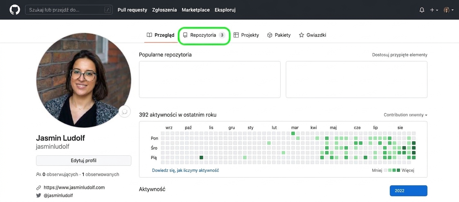 Zrzut ekranu profilu GitHub z zielonym kółkiem wokół zakładki repozytoriów