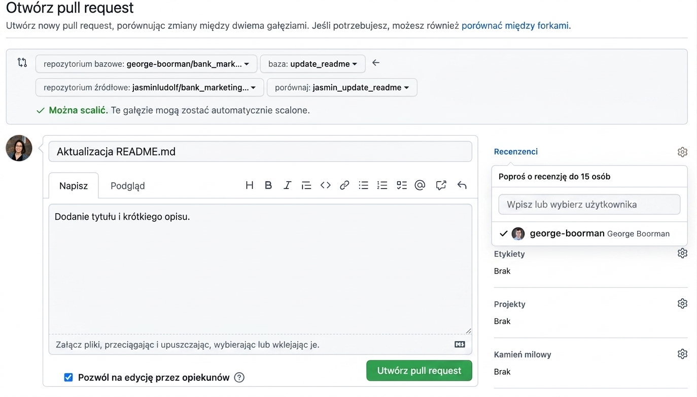 Widok pull requesta z widoczną sekcją recenzenta