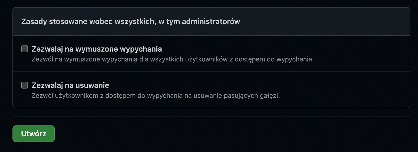 Kliknij Utwórz, aby zapisać regułę