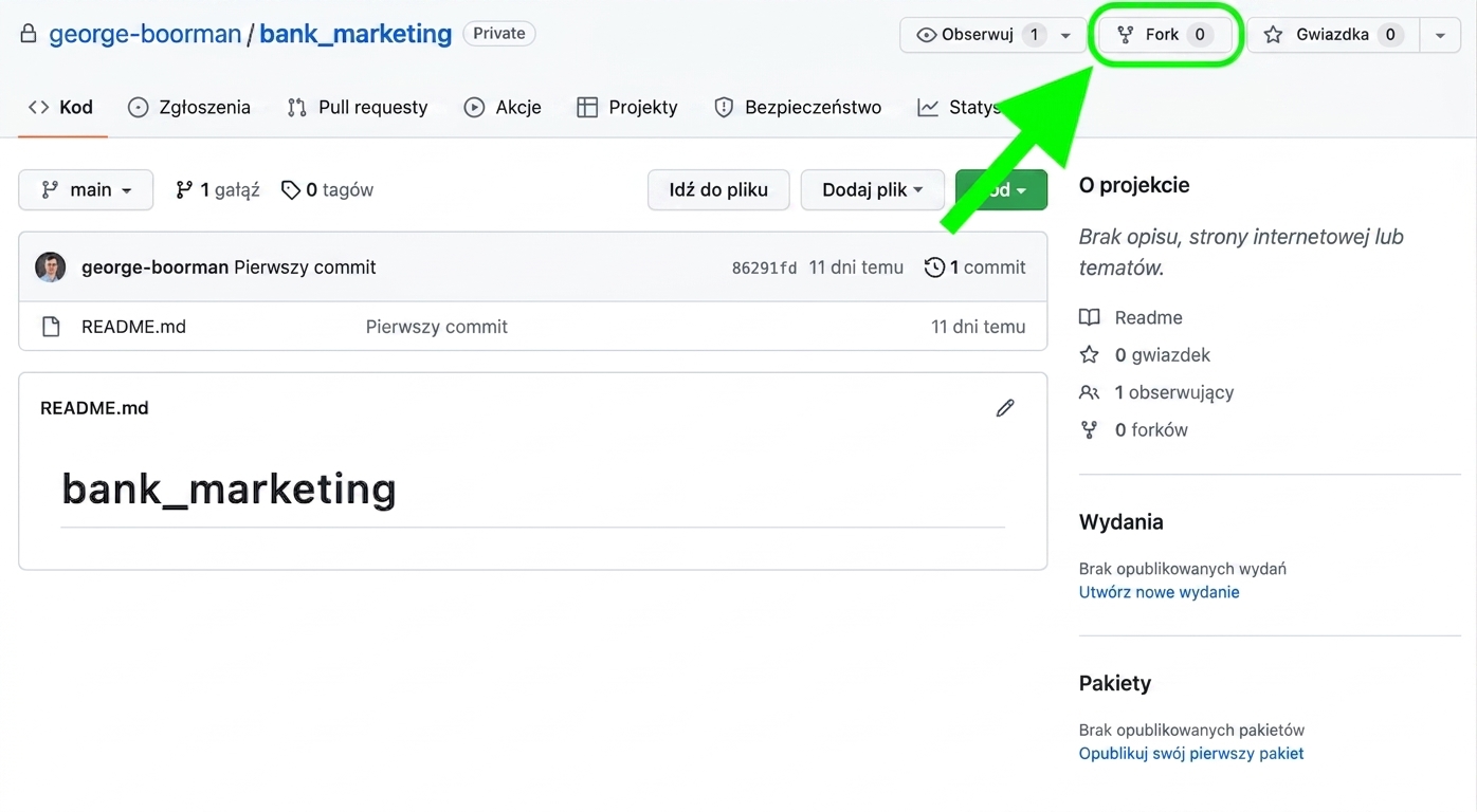 Zrzut ekranu głównego widoku prywatnego repozytorium bank marketing należącego do George'a Boormana z wyróżnionym przyciskiem fork