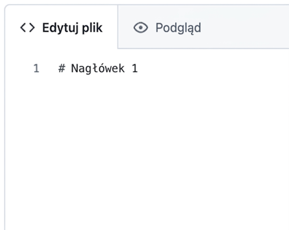 Widok strony edycji pliku Markdown ze składnią dla największego nagłówka