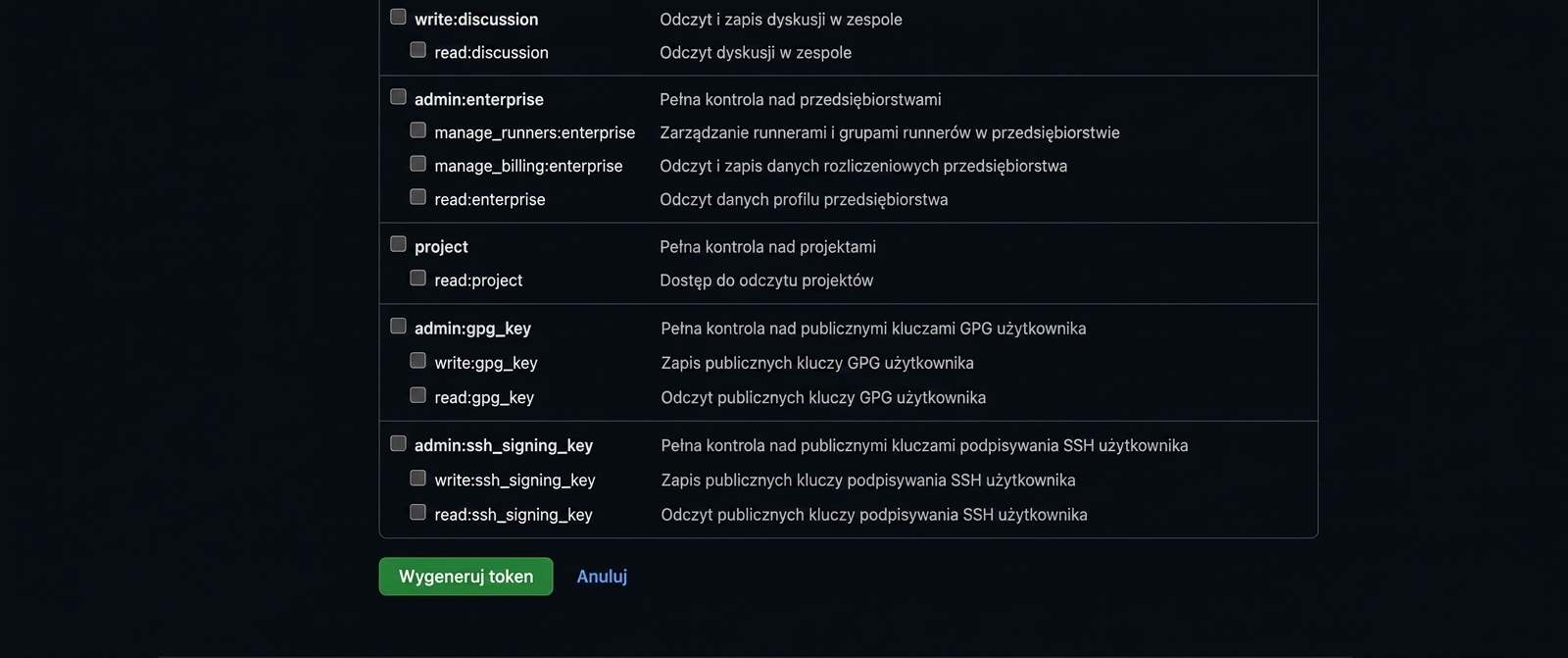 Przycisk Generate token