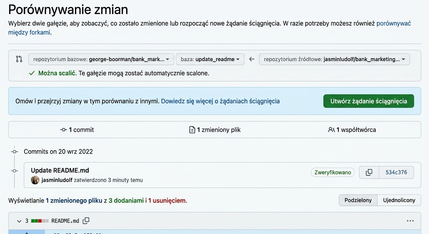 Widok porównania zmian w jednej gałęzi z bieżącym stanem gałęzi docelowej