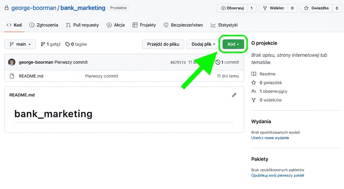 Widok repozytorium bank marketing z zielonym kółkiem wokół przycisku Code i strzałką wskazującą na niego.
