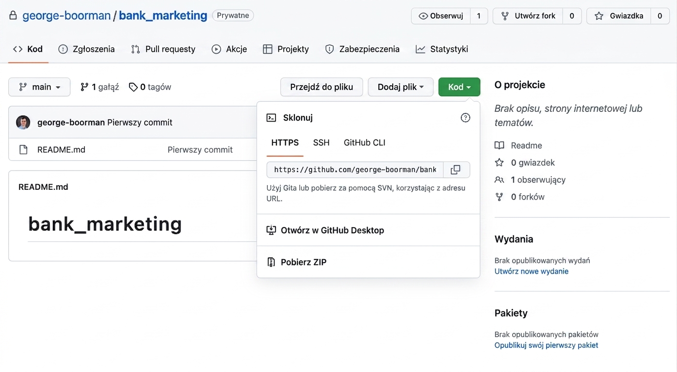 Widok menu rozwijanego po kliknięciu przycisku Code w repozytorium GitHub.