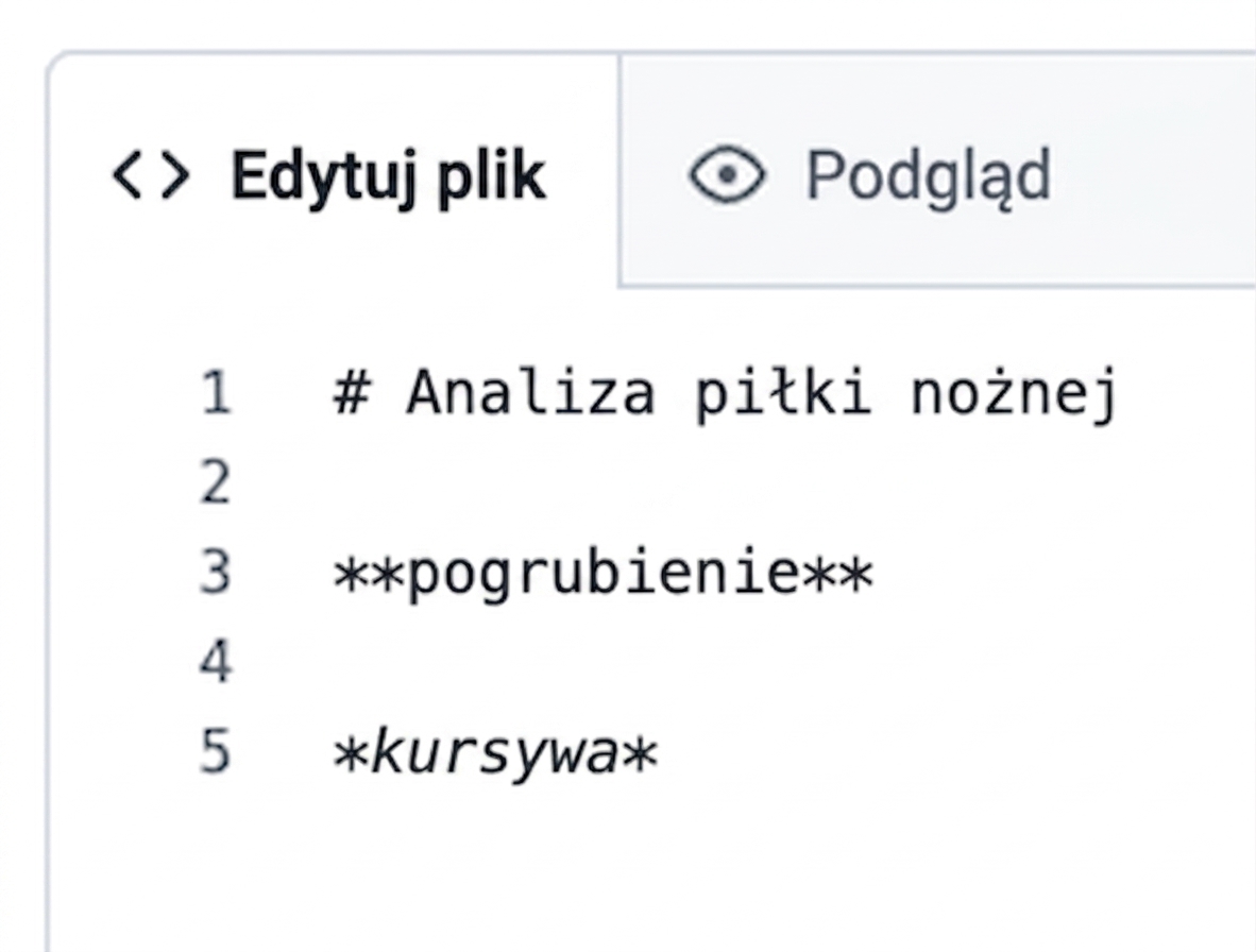 Widok strony edycji pliku Markdown ze składnią dla pogrubienia i kursywy