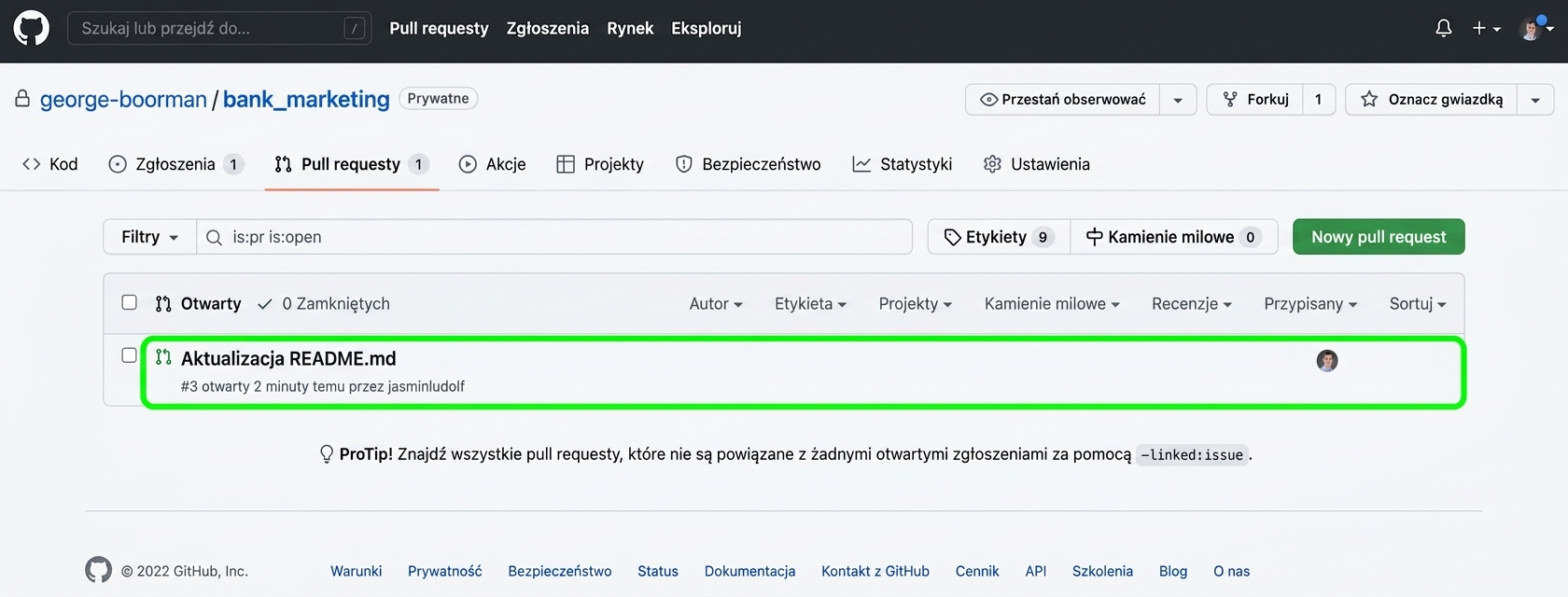 Widok właściciela zakładki PR z zaznaczonym klikniętym PR