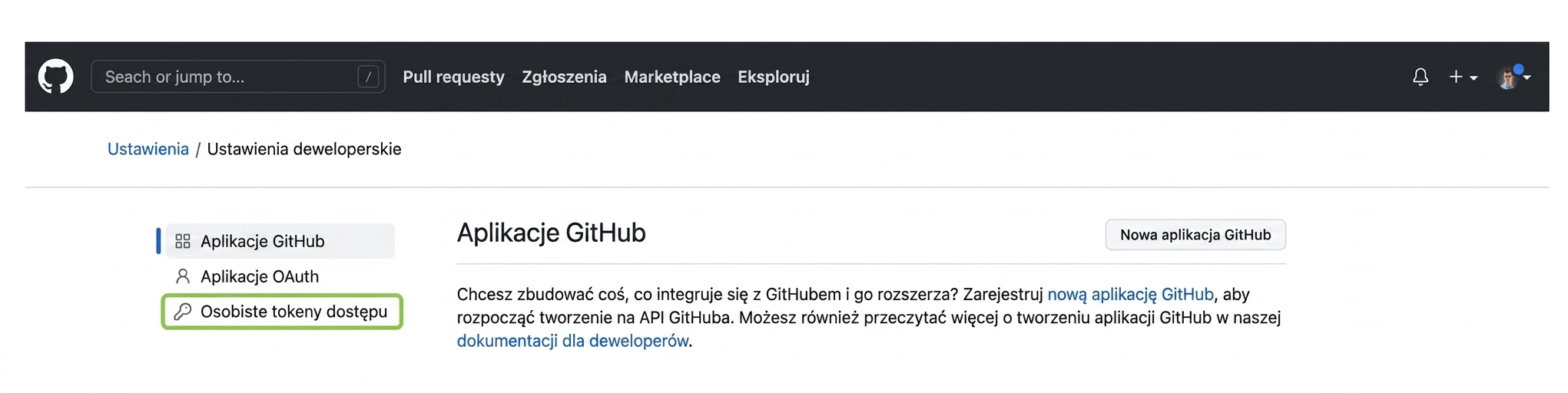 Strona ustawień dewelopera z trzema opcjami: GitHub Apps, OAuth Apps i Personal access tokens
