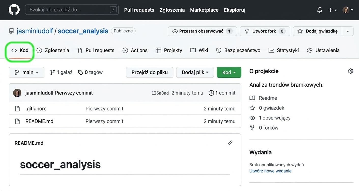 Widok repozytorium analizy piłkarskiej z wyróżnioną zakładką Code