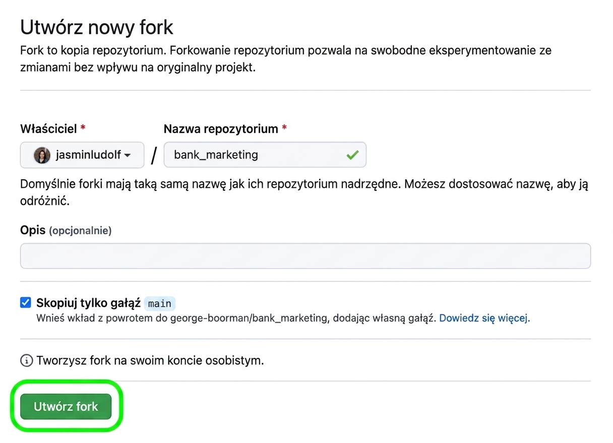 Widok strony tworzenia nowego forka z wyróżnionym przyciskiem Create fork