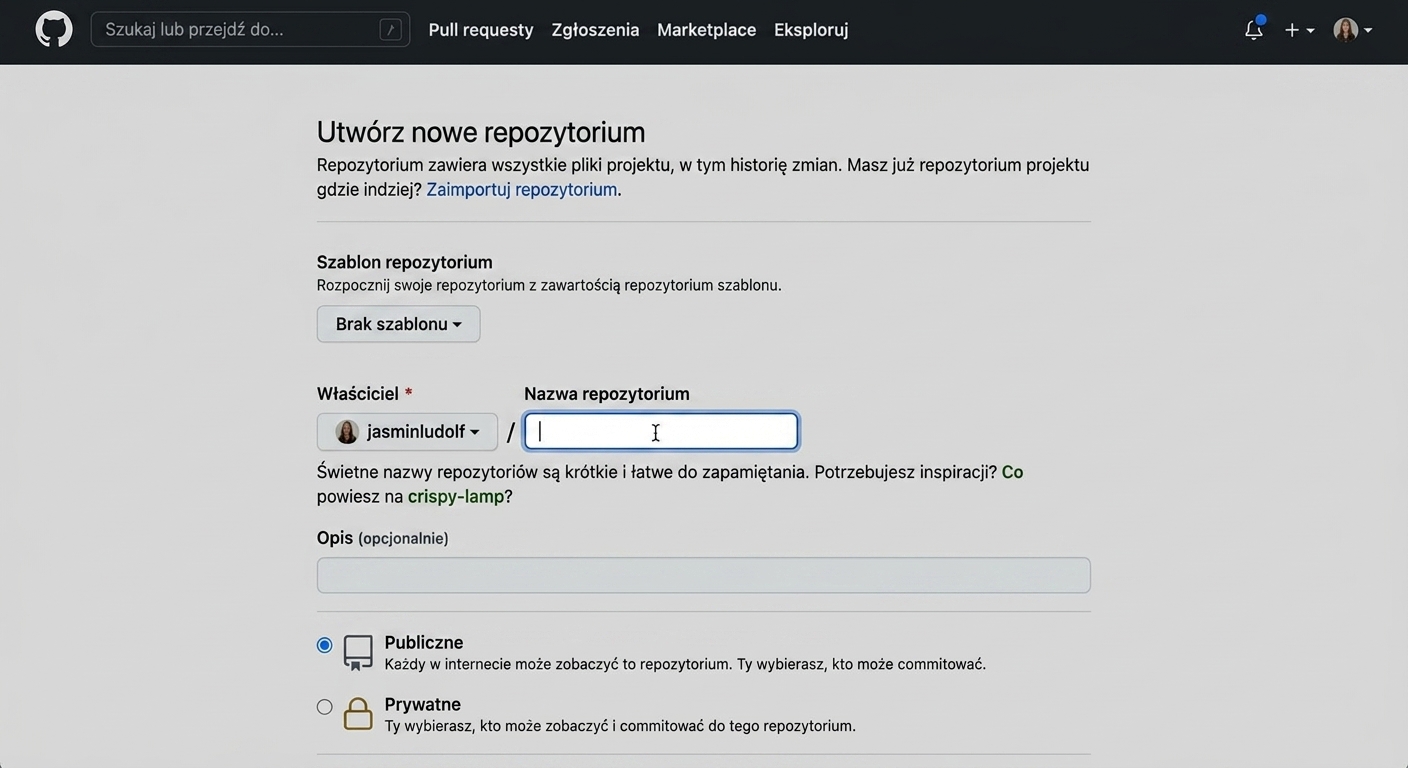 Animowany widok strony tworzenia nowego repozytorium z wypełnianymi polami nazwy i opisu