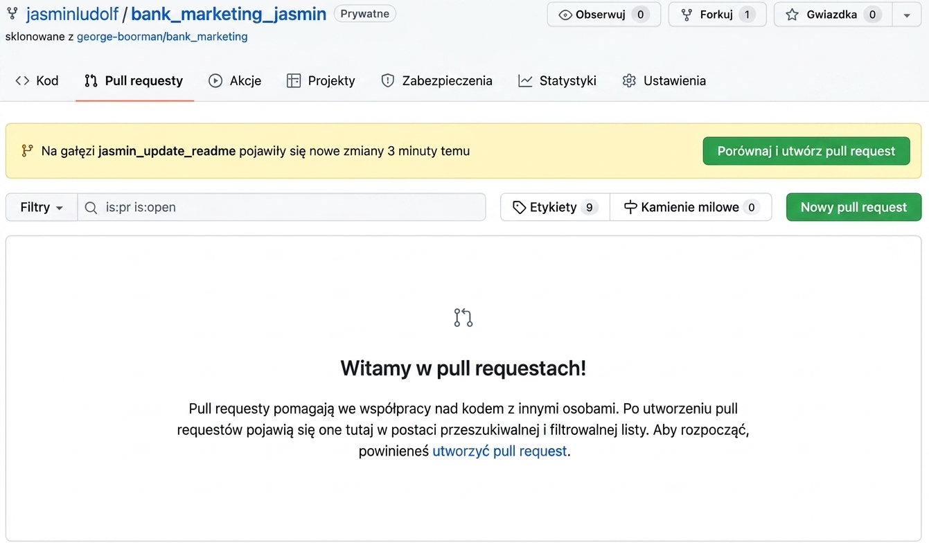 Widok zakładki pull requestów w sforkowanym repozytorium