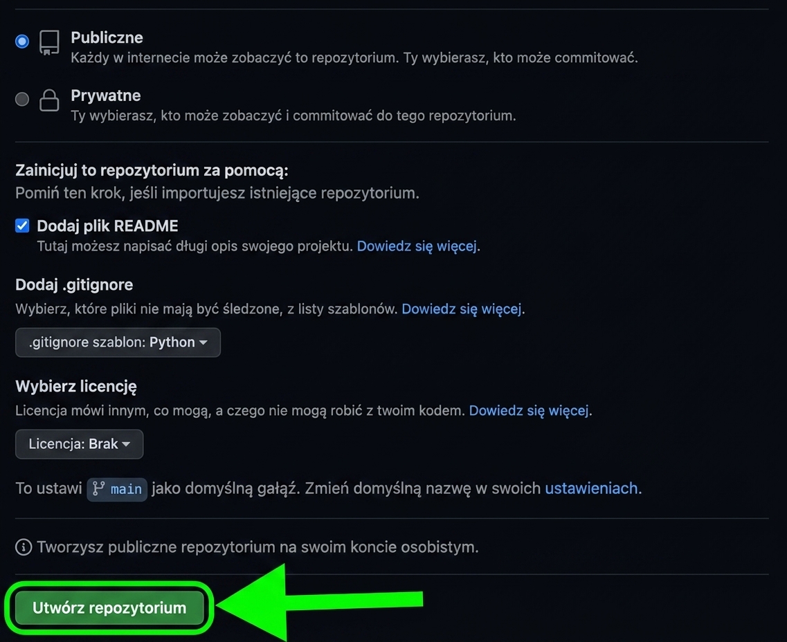 Widok strony tworzenia nowego repozytorium z wyróżnionym przyciskiem tworzenia repozytorium