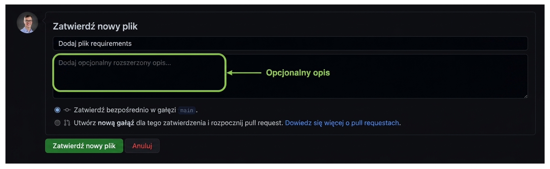 Opcjonalne pole opisu pozostawione puste