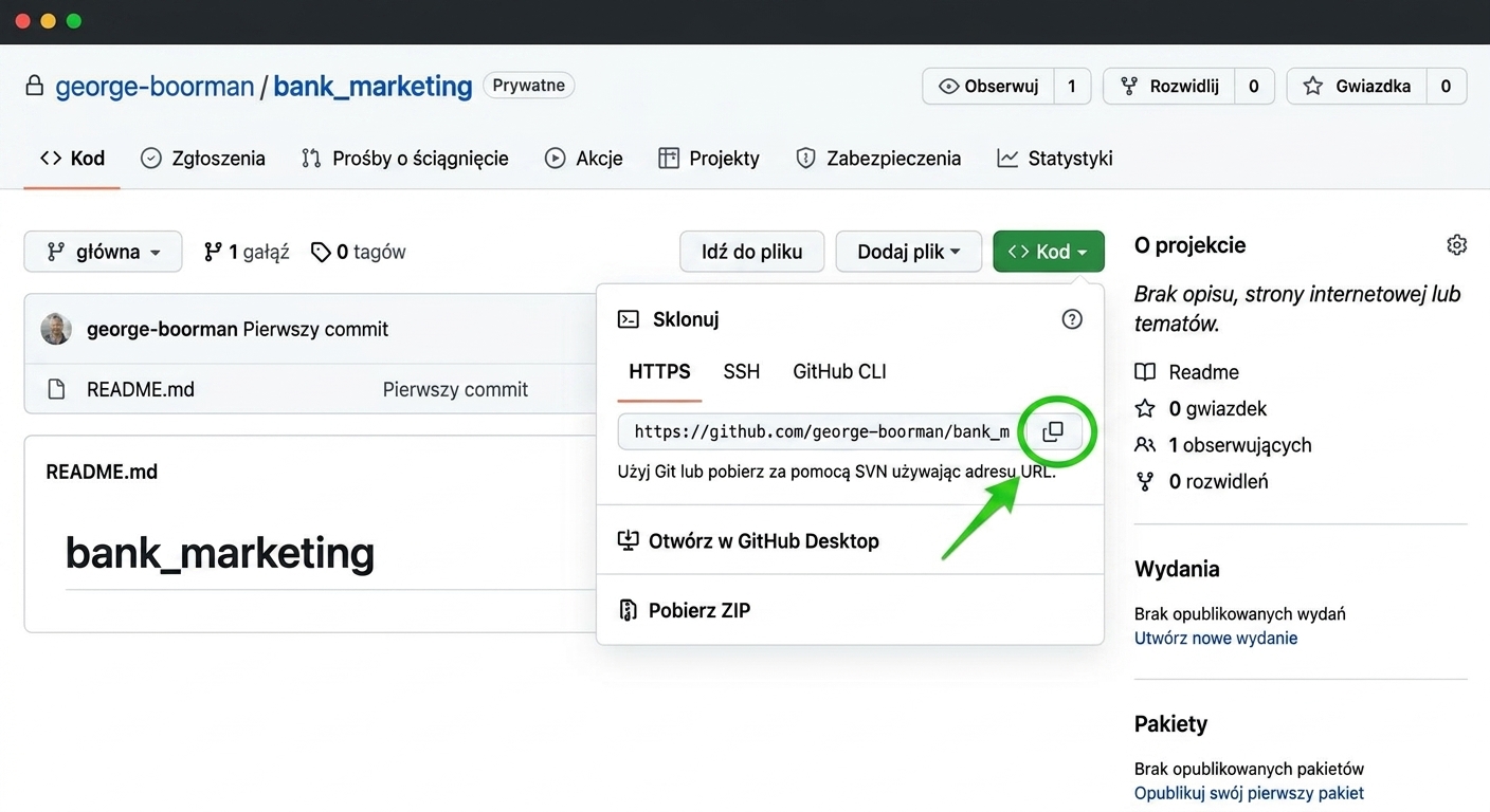 Widok menu rozwijanego po kliknięciu przycisku Code w repozytorium GitHub z wyróżnioną ikoną kopiowania.