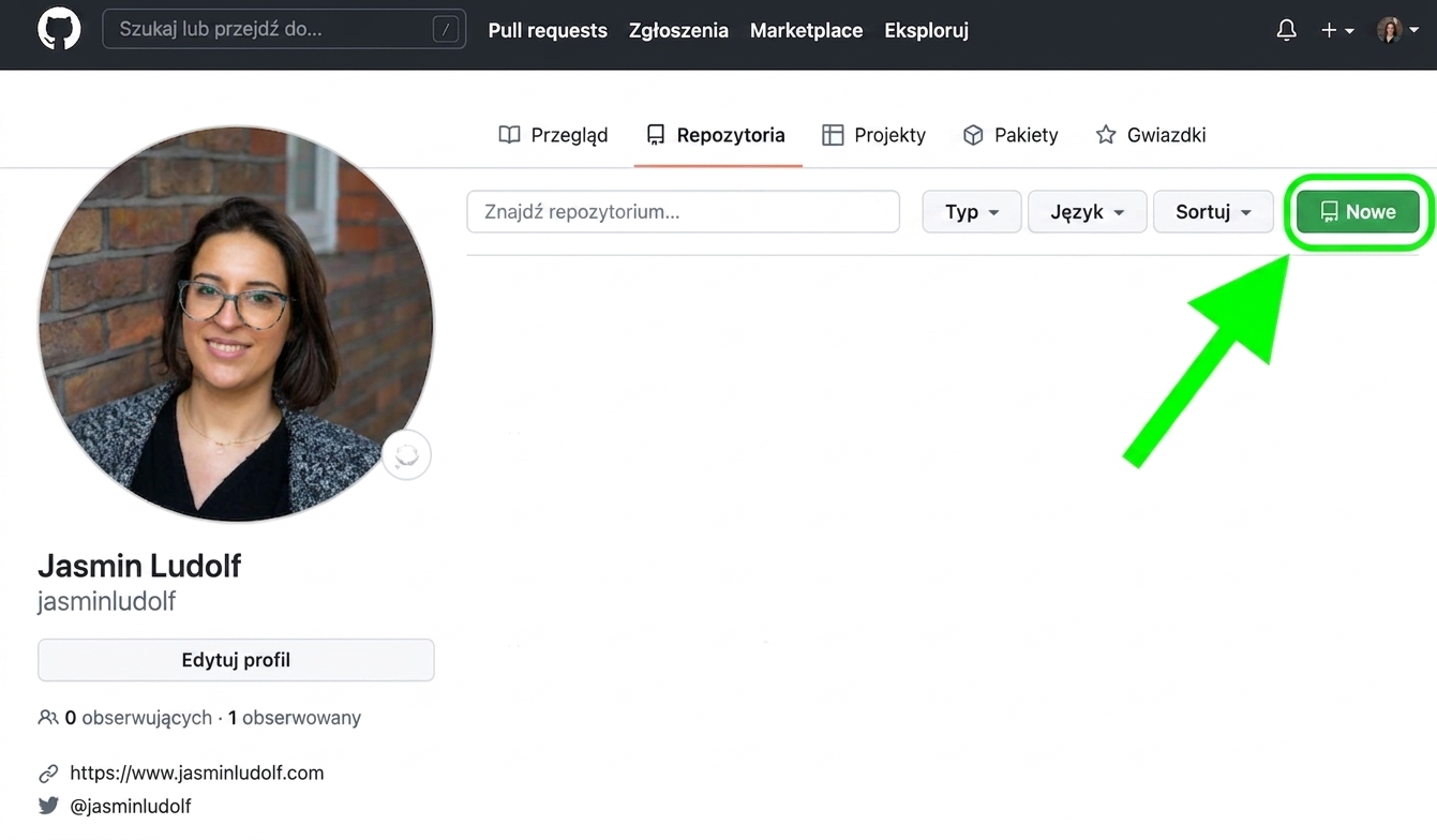 Widok profilu GitHub z zakładką repozytoriów i zieloną strzałką wskazującą przycisk New, otoczony zielonym kółkiem.