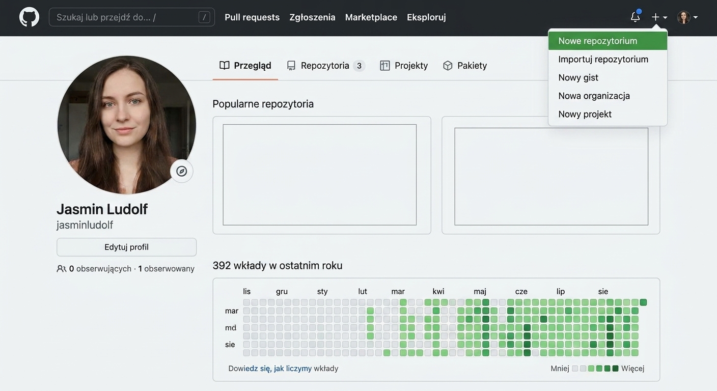 Widok profilu GitHub z zieloną strzałką wskazującą opcję Nowe repozytorium w menu rozwijanym.