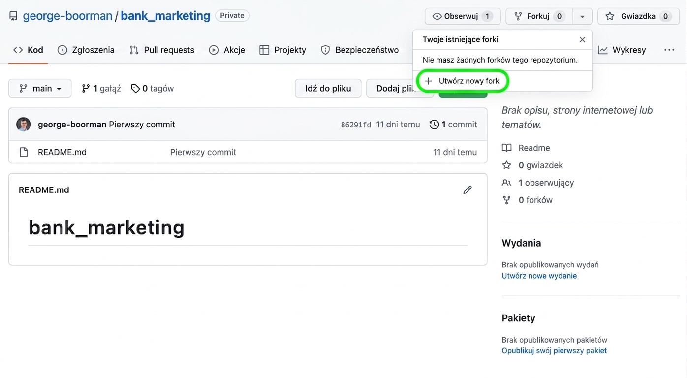 Zrzut ekranu głównego widoku prywatnego repozytorium bank marketing należącego do George'a Boormana z widocznym menu rozwijanym przycisku fork i wyróżnionym przyciskiem Create new fork