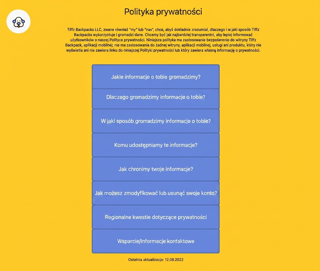 Strona polityki prywatności Tiffz Backpackz