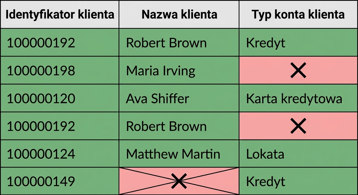 tabela ilustrująca regułę jakości danych dotyczącą kompletności