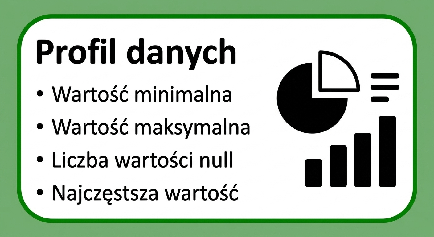 przykłady profilów danych: min, max, liczba wartości null