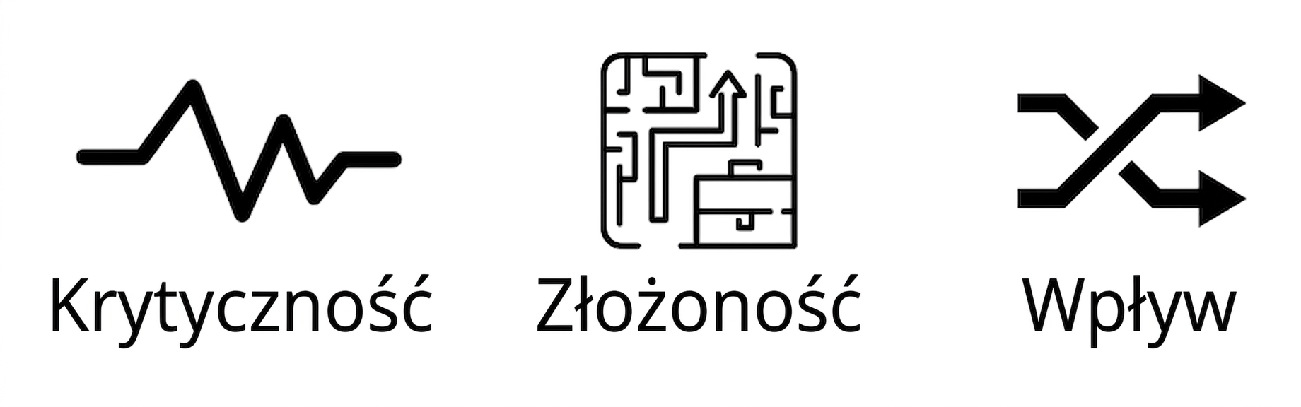 trzy obrazy: rytm serca symbolizujący krytyczność, puzzle symbolizujące złożoność oraz dwie splecione strzałki symbolizujące wpływ