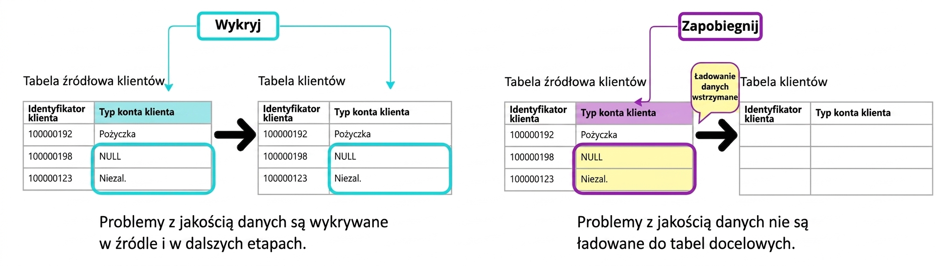 diagram przedstawiający różnicę między wykrywającymi a prewencyjnymi regułami jakości danych