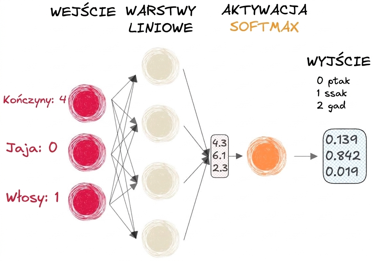 Schemat fragmentu sieci neuronowej z wejściami, wektorem jako wyjściem warstw liniowych, funkcją aktywacji softmax i wyjściem