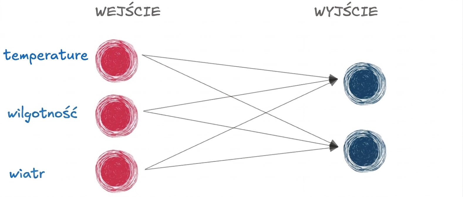 Diagram przedstawiający podstawową sieć neuronową z warstwą wejściową i wyjściową