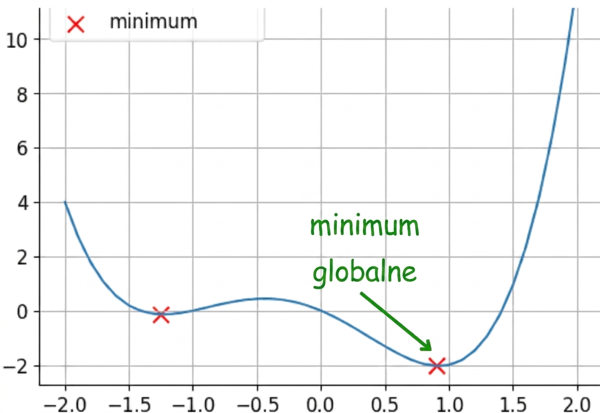 przykład funkcji niewypukłej z zaznaczonym globalnym minimum