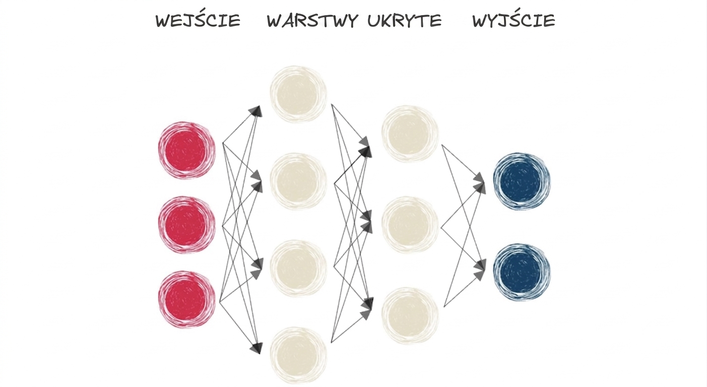 Diagram przedstawiający sieć neuronową z warstwą wejściową, ukrytą i wyjściową
