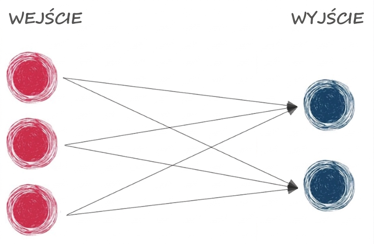 Diagram przedstawiający podstawową sieć neuronową z warstwą wejściową i wyjściową